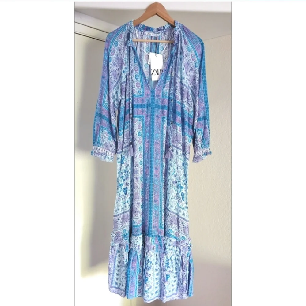Zara * Printed Blue Maxi Midi Flowy Boho Dress Size S - Picture 8 of 12